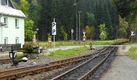 Bf Hammerunterwiesenthal: Ausfahrtsweiche Richtung Oberwiesenthal (09/10 2014)    DSC 0359  Bf Hammerunterwiesenthal: Ausfahrtsweiche Richtung Oberwiesenthal (09/10 2014)  --> : Fichtelbergbahn, Cranzahl, Oberwiesenthal, Manfred Detzner, Speyer, Bf, Bahnhof, Hammerunterwiesenthal